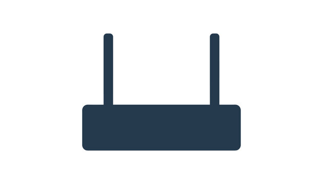 Minimalist dark blue icon representing a wireless internet router with dual antennas isolated on a plain white background.