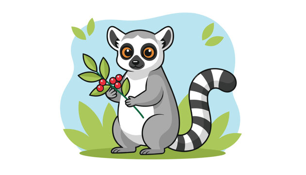 Cute cartoon ring-tailed lemur sitting on green grass while holding a branch with red berries on a blue background.