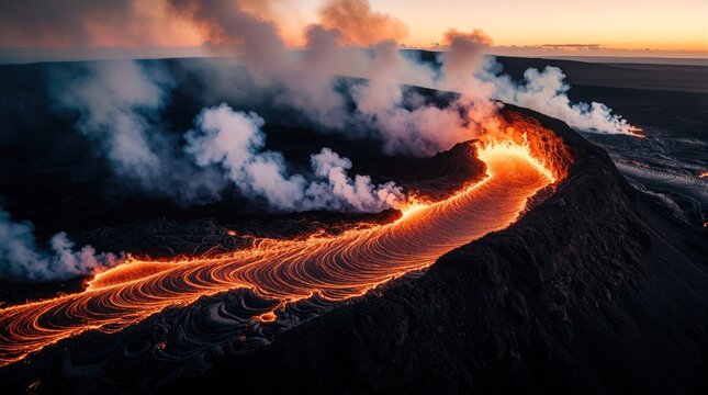 Aerial view of active volcano crater with glowing orange lava flow. Hot magma streams over black basaltic rocks during golden hour. Volcanic eruption releases thick white smoke, steam into sunset
