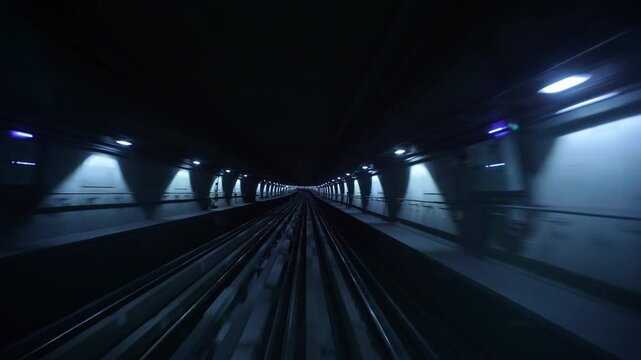Railway tunnel POV travels along a curving metro track through a dark underground passage lit by blue wall lamps