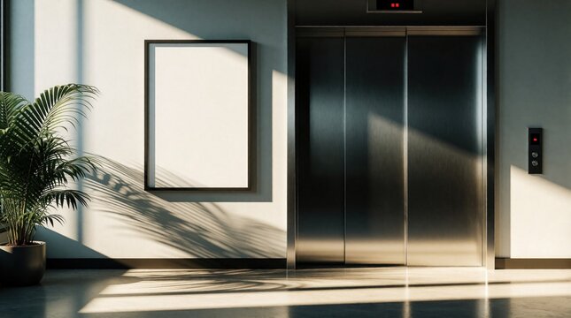 Empty framed poster hangs on wall near modern elevator door with sunlight casting shadows and plant adding green touch. Offers space for copy, promotions, or art displays.