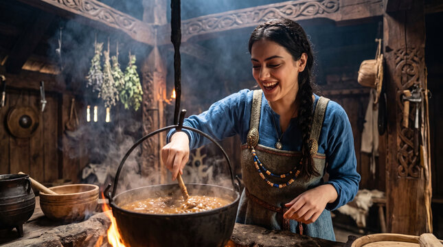 Smiling Viking woman stirring stew in iron cauldron over open hearth in wooden longhouse interior