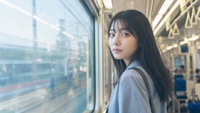 明るい電車内の窓辺で振り返るロングヘアの若い女性