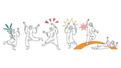 Fototapeta premium Palm Sunday Celebration: A stylized depiction of people celebrating Palm Sunday, with figures holding palm branches and expressing a range of emotions from joy to exhaustion.
