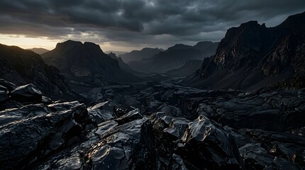 Obraz premium A cinematic obsidian shadow landscape 4k wallpaper featuring dark volcanic mountains under a dramatic stormy sky with subtle golden light rays