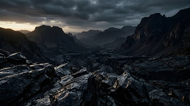 A cinematic obsidian shadow landscape 4k wallpaper featuring dark volcanic mountains under a dramatic stormy sky with subtle golden light rays