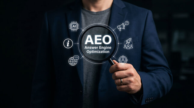 Businessman holding magnifying glass with AEO answer engine optimization concept
