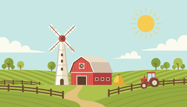 Idyllic countryside farm landscape featuring a red barn, white windmill, and a red tractor in green cultivated fields under a bright sun in a flat style.