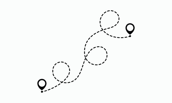 Complex route with multiple loops between two locations using black map pins and dashed line illustrating intricate travel path for adventure.