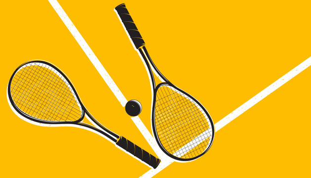 Squash racket and ball on court. Sport background