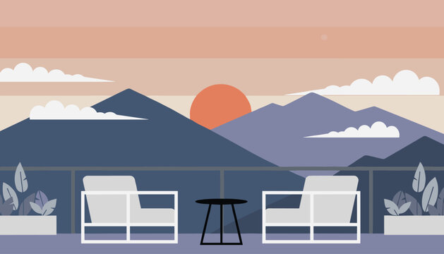 Modern balcony terrace view overlooking a serene mountain landscape at sunset with comfortable chairs, a small table, and potted plants.