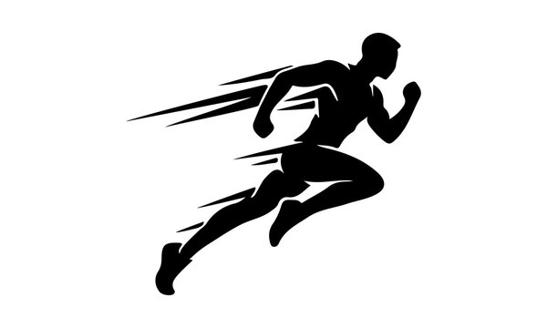 Silhouette of fast runner athlete sprinting with motion trails in black and white minimalist style for fitness marathon race training active lifestyle logo design.