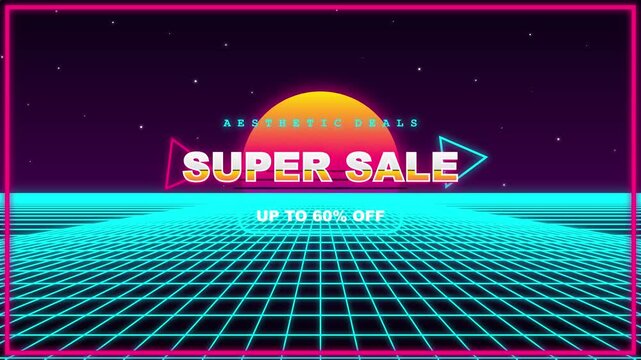 Retro Wave Super Sale Advertisement with Neon Grid.