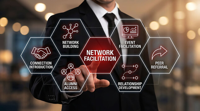 Businessman pointing network facilitation interface screen for business connection