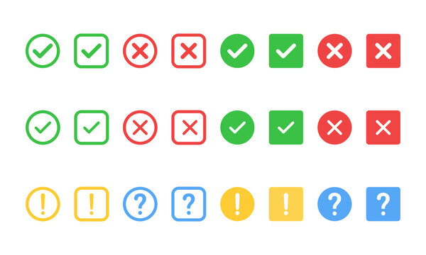 Check mark and cross symbol set with green red colors featuring circle square shapes perfect for evaluation validation forms task completion and user interface.