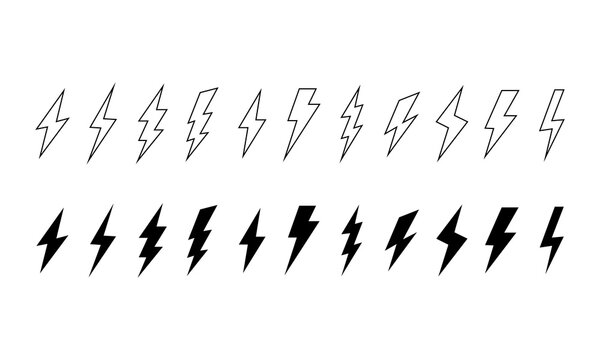 Lightning bolt icons set in thin outline stroke and solid black fill variations of flash power energy thunder warning fast charge creative vector graphic symbols.