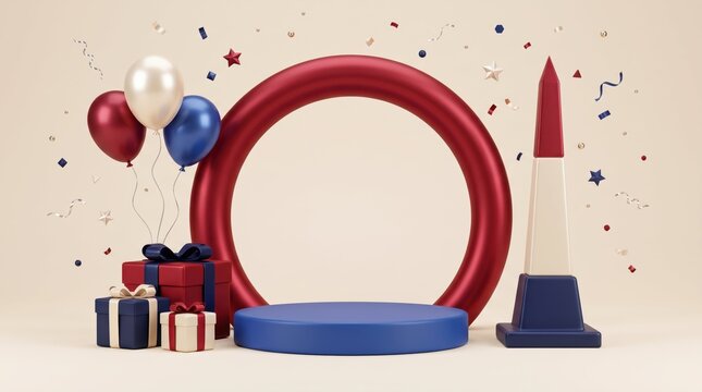 patriotic celebration background with red white and blue balloons gifts