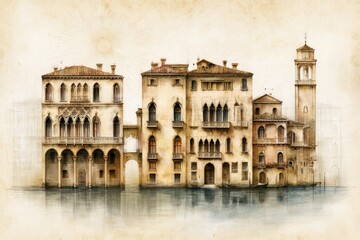 Fototapeta premium Vintage Venetian buildings standing along canal, historic architectural sketch on parchment background