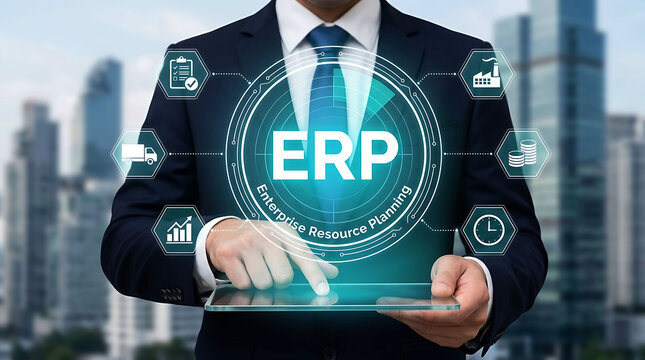 Businessman using ERP enterprise resource planning software on digital tablet
