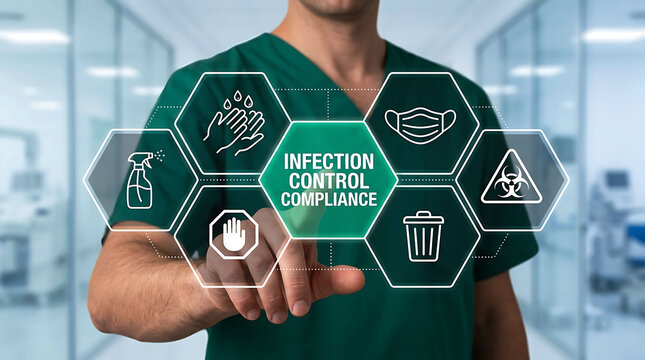 Infection control compliance doctor pointing medical hygiene protocol interface
