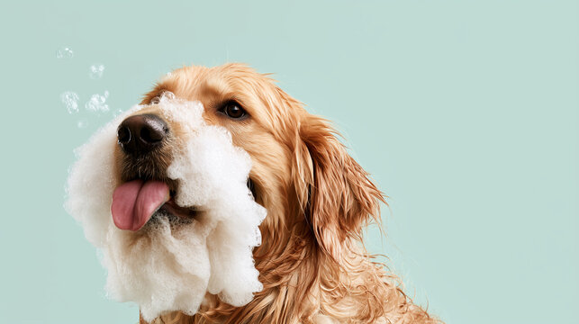 Comedic close-up of a golden retriever with a goofy bubble bath foam beard and mustache, corner composition with generous negative space &mdash; perfect for pet grooming brand advertising, humorous social 