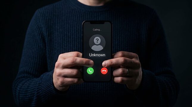Man holding smartphone receiving unknown caller phone call scam concept