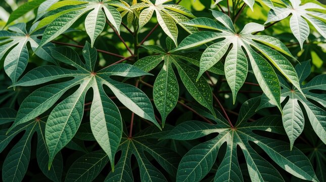 Close up of green cassava plant leaves in tropical garden. Large palm shaped foliage grows in rich plantation. Natural texture of manicured vegetation shows bright veins, organic patterns. Healthy