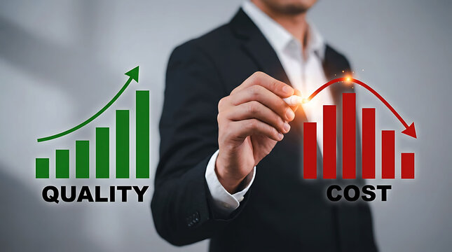 Businessman drawing chart of increasing quality and reducing cost in business