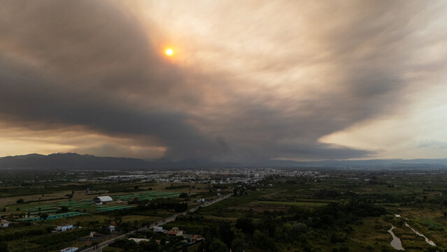 Drone aerial view of forest fire in Spain near La Vall de Uixo on 26th of July of 2026