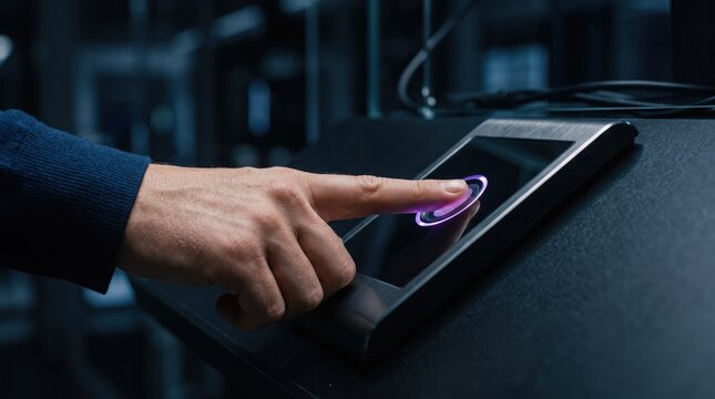 Close up of finger touching biometric scanner with glowing purple fingerprint icon, high tech security access control, identity verification, server room protection, cyber safety concept