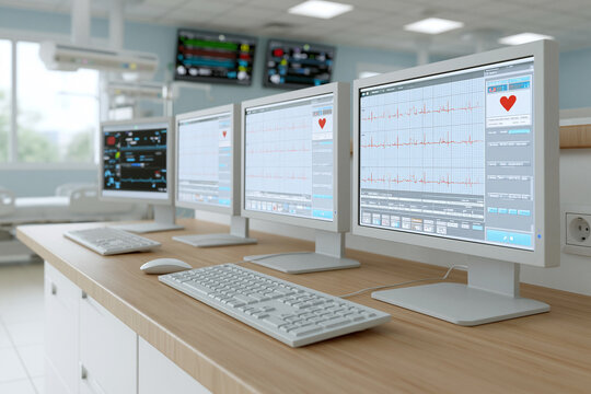 Modern medical station with multiple monitors displaying vital signs. Heart rate and ECG waves are visible on the foremost screen. Bright lighting enhances clinical professionalism and efficiency