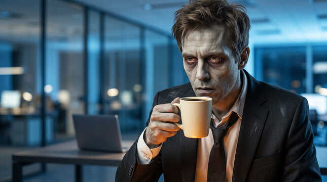 A tired corporate worker in an Office Zombie Suit drinking coffee at his desk late at night