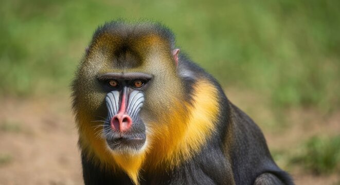 Close-up of a mandrill monkey with a brightly colored face and fur