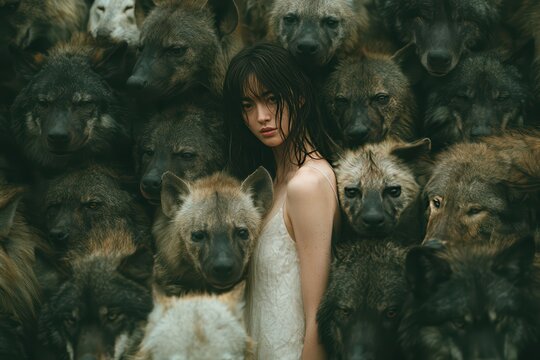 Woman with wet hair standing among a dense pack of wolves and hyenas, surreal mood
