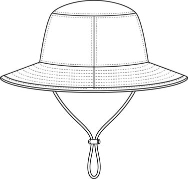 Unisex wide brim sun hat with chin strap technical fashion flat sketch vector CAD drawing accessory template