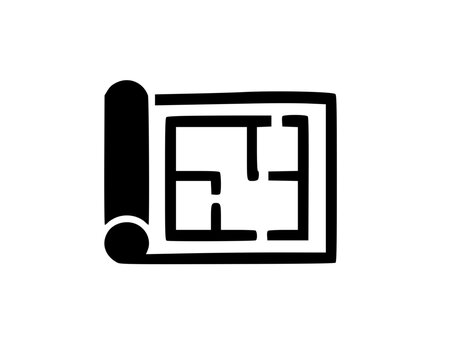 A minimalist vector graphic of a floor plan icon with a rolled up blueprint design
