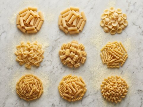 Pasta Variety Arranged on Marble for Menu Planning and Selection