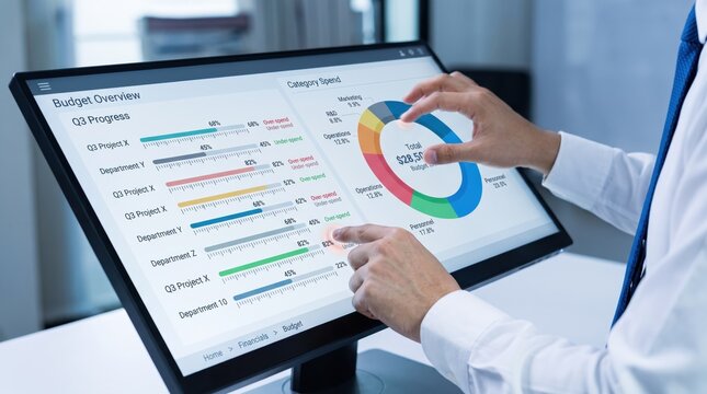 Business professional analyzing financial budget overview and category spend data on interactive touchscreen monitor, displaying quarterly progress charts and graphs.