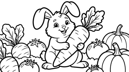 Obraz premium Cute bunny holding a carrot in a vegetable garden coloring page for children