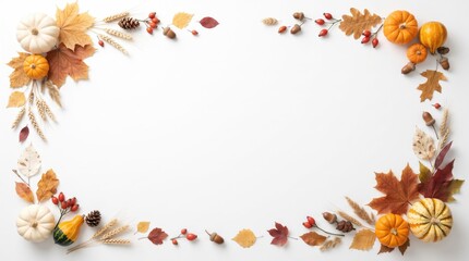 Fototapeta premium Autumn harvest border frame with pumpkins and colorful fall leaves on white background