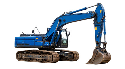 Large blue excavator with a steel bucket parked on isolated white background for construction projects © Muhammad
