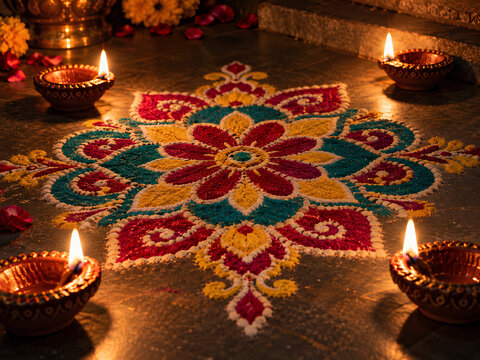 Beautiful colorful traditional Indian Rangoli pattern on the floor decorated with burning clay Diya lamps during Diwali festival.