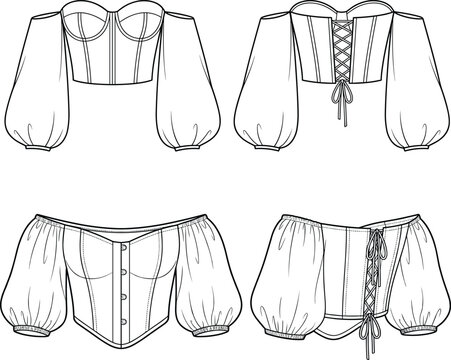 Women off shoulder lace-up back corset bustier crop tops with puff sleeves technical fashion flat sketch vector CAD drawing apparel template