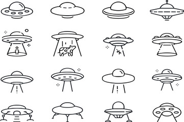 UFO and Alien Spaceship Icon Set with Flying Saucers, Abduction Light Beams, Cow, and Sci-Fi Line Art Symbols for Extraterrestrial Mystery Websites and Graphic Designs © MdSajedur