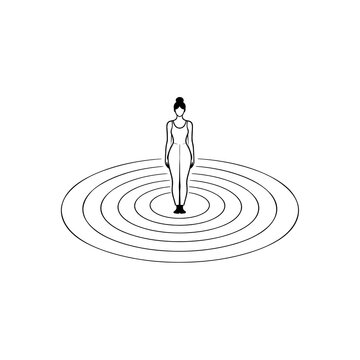 Continuous line art silhouette of a person standing at the center of concentric continuous line circles