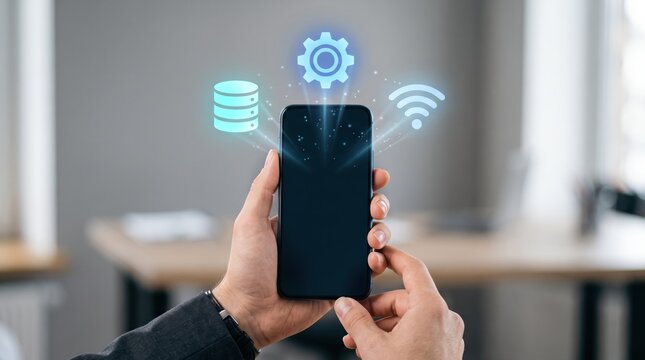 Hands holding smartphone with holographic icons for settings, database, and wifi, representing mobile technology, cloud computing, and digital connectivity concepts.