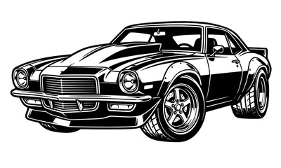 Naklejka premium Detailed monochrome vector graphic of a classic retro muscle car featuring dual headlights, wide fenders, and a hood scoop for apparel.