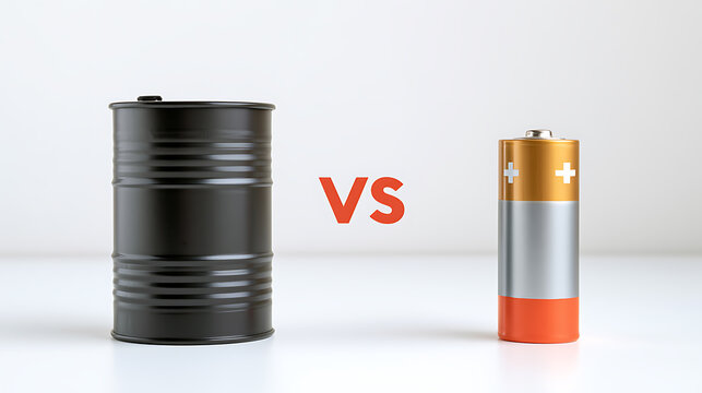 A comparison concept between oil barrel and battery representing energy transition from fossil fuel to renewable power source and clean future