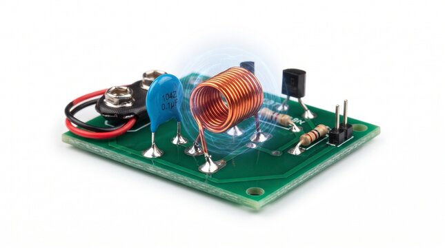 Electronic circuit board with inductor coil, capacitor, and resistors on a green PCB for engineering and technology projects