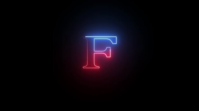 Letter f glowing neon light symbol against a dark black background a f character illuminated by blue and red lights centered on solid